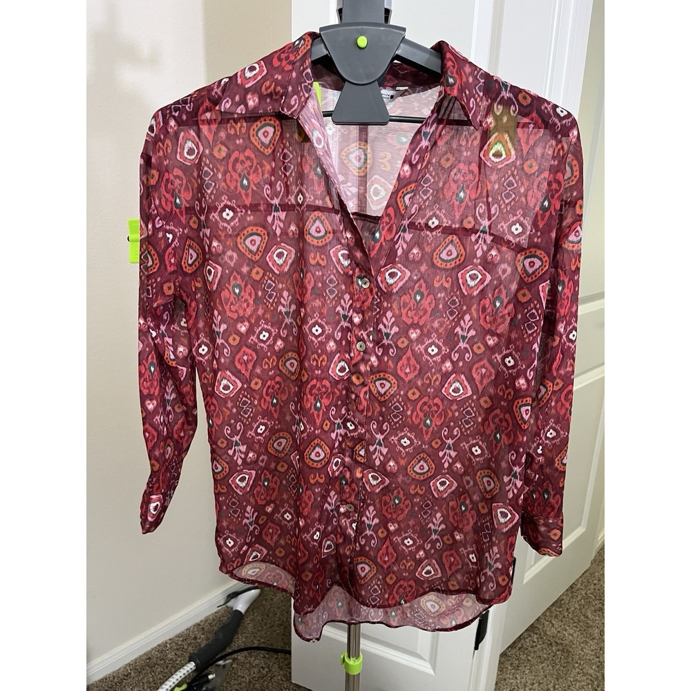 Zara Sz XS Sheer Button Front Red Boho Print Blouse Long Sleeve Oversize